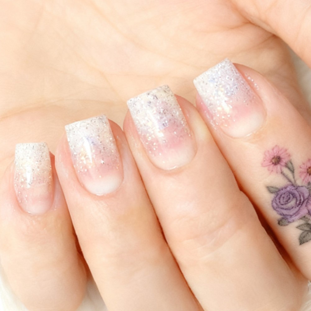 Nail Art Natural Pink - グリッターショートフェイクネイルチップ、接着剤ステッカー付き、フレンチプレスオンネイル、女性用アクリルナチュラルピンクマニキュアアクセサリー