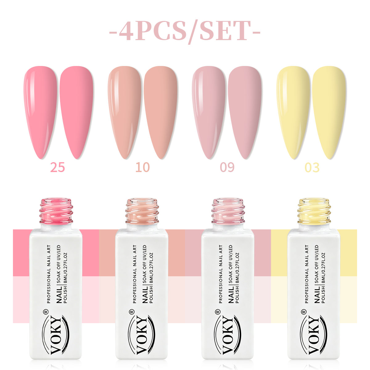 Nail Art Natural Pink - VOKY 4ピースヌードピンククリームイエロージェルネイルポリッシュセット、UV LEDセミパーマネントネイルジェル、光沢のあるナチュラルネイルポリッシュ、塗りやすく長持ちするネイルアートセット、サロンでのDIY、春のオフィス、日常のマニキュアに最適。