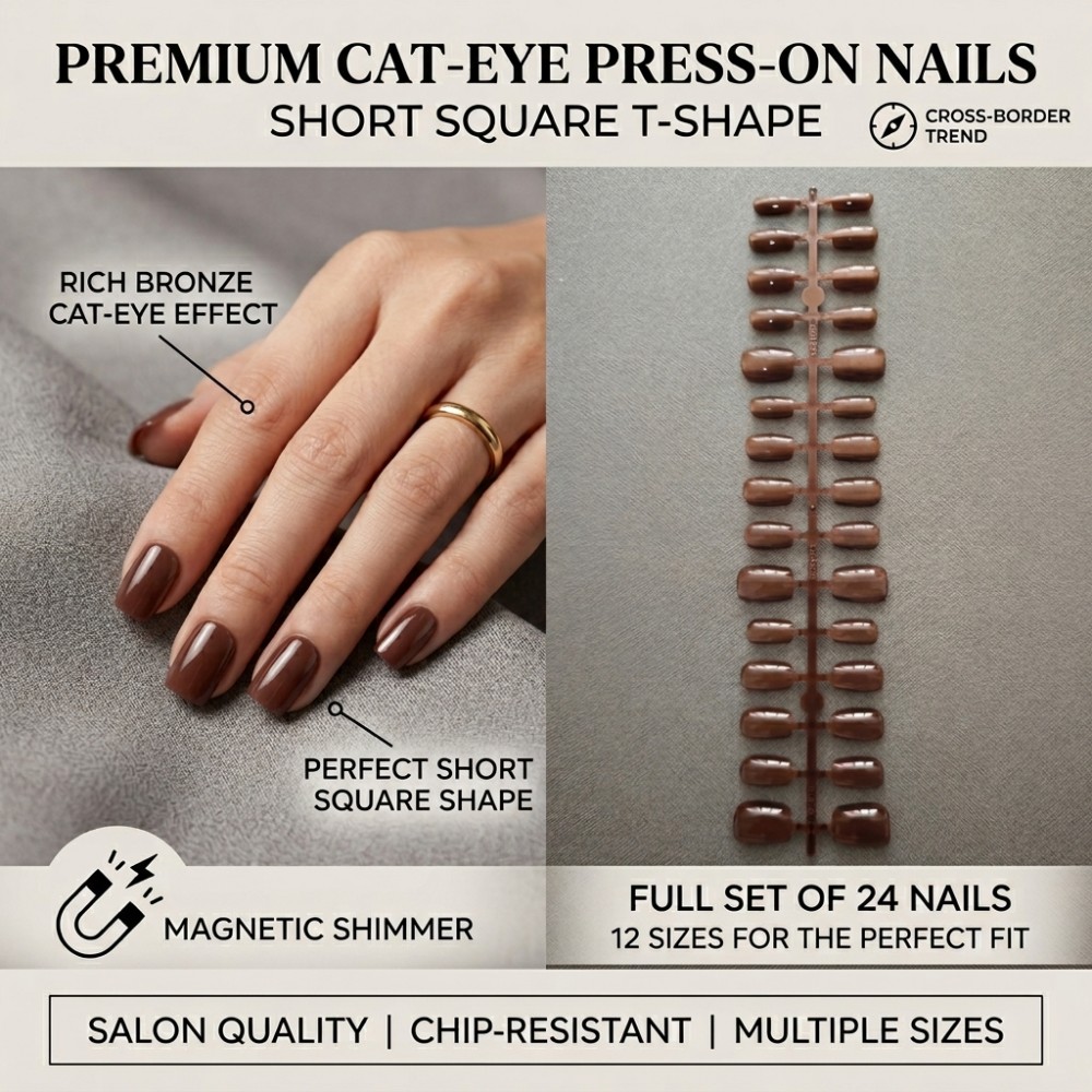 24枚入り ショートスクエアプレスオンネイル リッチブロンズ - Nail Art Extension Cat Eye のレビューと価格