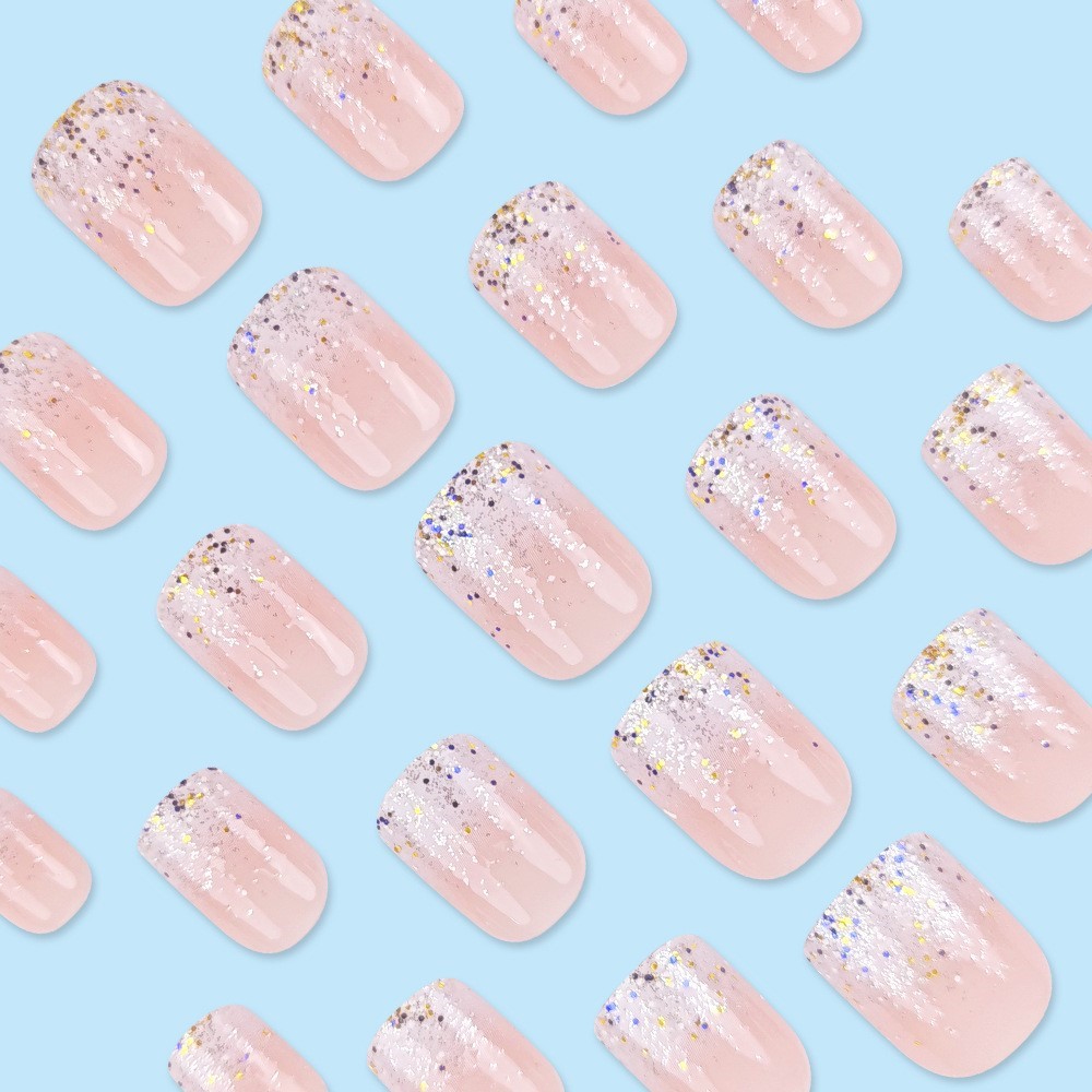 グリッターショートフェイクネイルチップ、接着剤ステッカー付き - Nail Art Natural Pink のレビューと価格